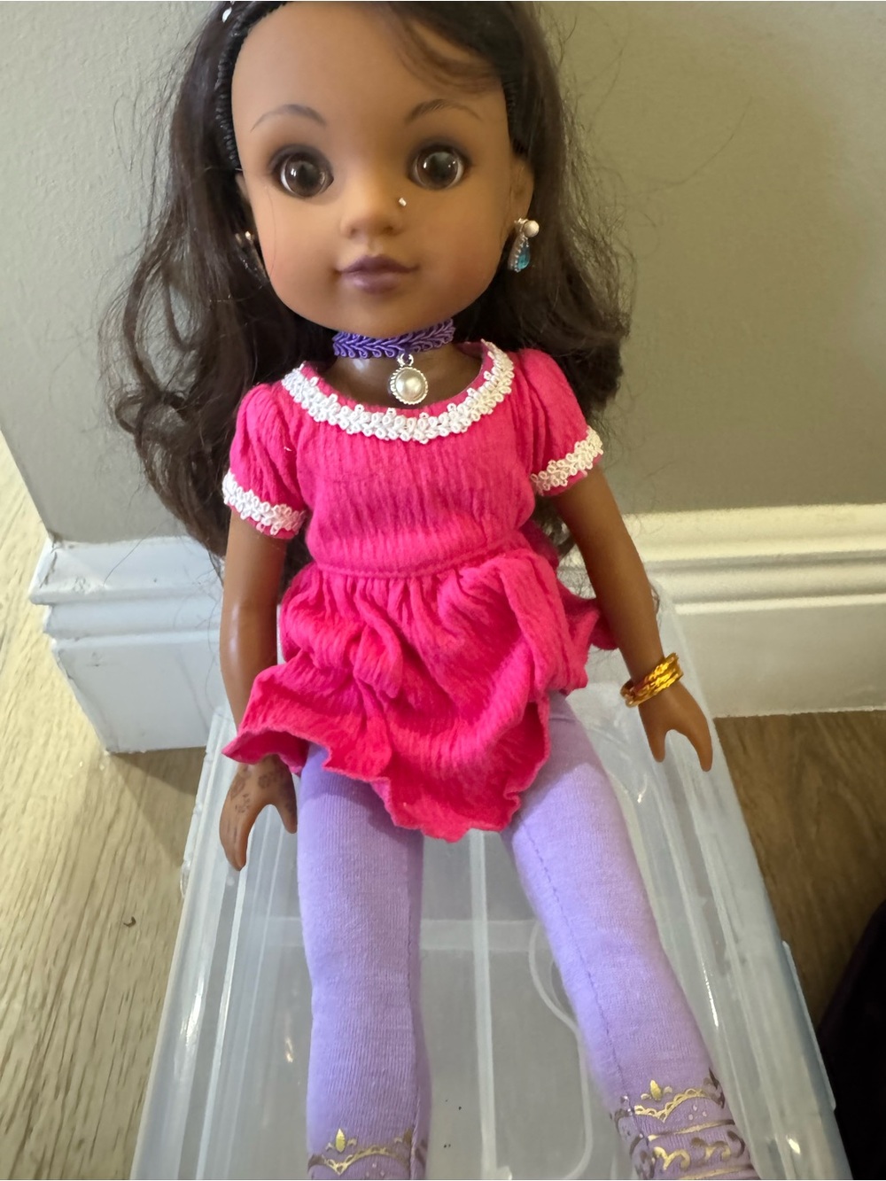 Kids Fashion Doll in Hot Pink Dress and Lavender Leggings